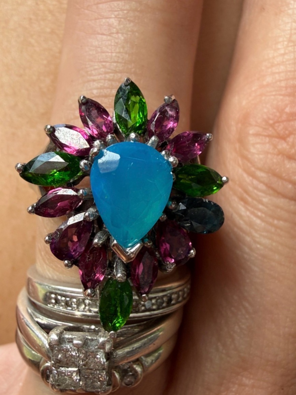 Natural/Real Gems Blue Opal & Garnet Diopside, Blue topaz  Sz7.5 925 stamped - Picture 3 of 17